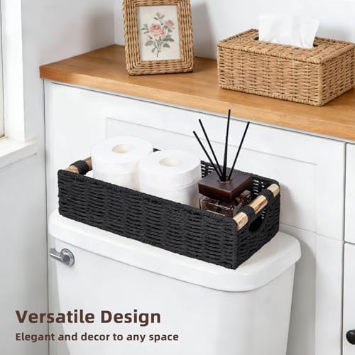 CubesLand Back of Toilet Storage Basket for Organizing W/Cut Out Handle | Handwoven Toilet Tank Top Paper Baskets, Wicker Decorative Basket for Countertop, Home Decor, Living Room, Nursery, Black