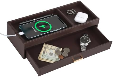 HofferRuffer Valet Jewelry Tray Organizer with Drawer, Faux Leather Storage Catchall Box Phone Charging Station Tray with Dresser Nightstand Desktop Drawer Organizer (Dark Brown)