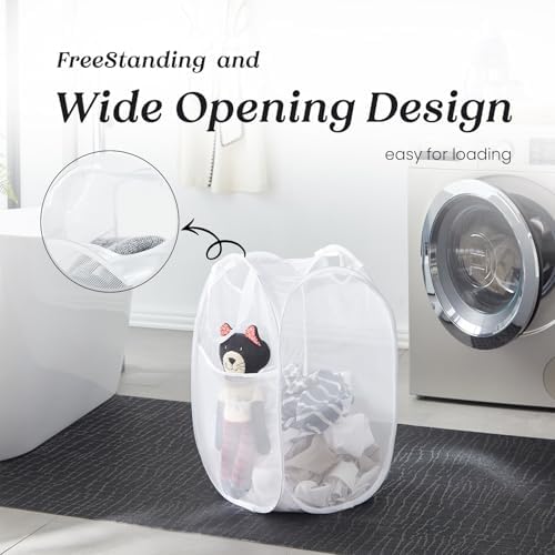 TECHMILLY Collapsible Mesh Pop Up Laundry Hamper with Sturdy Handles and Side Pocket - Portable Foldable Clothes Baskets for Dorm, Bathroom & Travel Storage (White, 2 Packs)