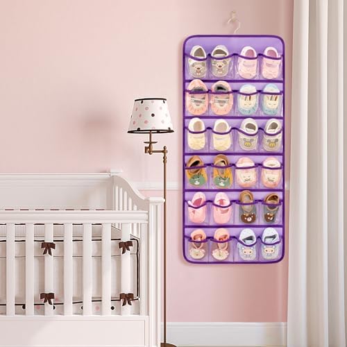 Dual-sided Baby Shoe Organizer Closet Hanging Toddler Shoes Storage for Kids Bow Socks Underwear Holder with 48 Clear Pockets (Purple)