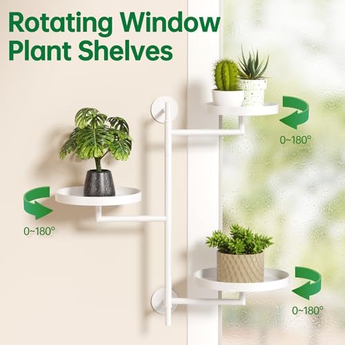 Rotating Window Wall Plant Shelves Stand Holder, 3 Tiered White Metal Floating Plant Shelf Hanger Indoor , Window Sill Gifts for Home decor