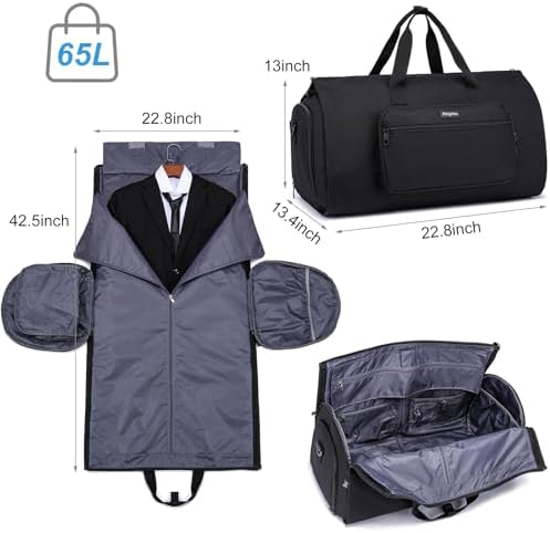 Convertible Duffle Bags for Men, Garment Bag for Travel, Carry on Garment Duffel Bag with Shoe Compartment, 2 in 1 Hanging Dress Suitcase Suit Travel Bags, Black