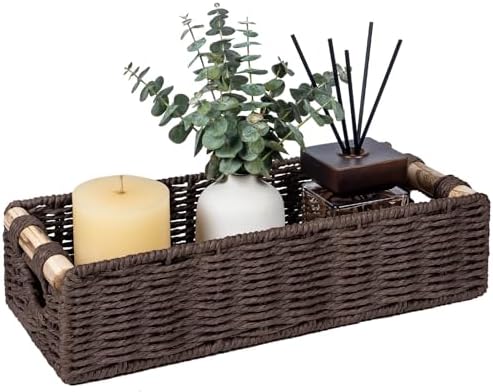 CubesLand Back of Toilet Storage Basket for Organizing W/Cut Out Handle | Handwoven Toilet Tank Top Paper Baskets, Wicker Decorative Basket for Countertop, Home Decor, Living Room, Nursery, Brown
