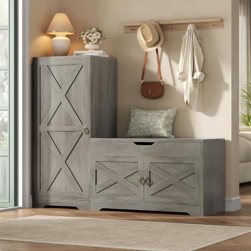 47'' Shoe Storage Bench, 7-Tier Storage Bench, L-Shaped Entryway Bench with Adjustable Shelves, Hidden Lift Top Storage Seat and 0.7'' Top Panel for Hallway Living Room, Grey
