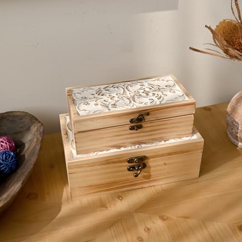 Wooden Storage Box Set of 2 - Hand Carved Floral Decorative Boxes | With Hinged Lids - Solid Pine Keepsake Organizer for Jewelry, Photos, and Rustic Farmhouse Home Décor