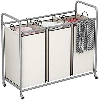 LINZINAR 3 Section Laundry Hamper, Beige Laundry Basket 135L Laundry Sorter | Laundry Room Organization with Heavy Duty Rolling Lockable Wheels and Removable Bag, Bedroom Laundry Cart for Clothes Storage