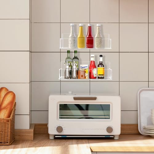 Acrylic Spice Rack Wall Mount - 9 Inch, Clear Spice Shelf Storage Holder, 2 Pack Hanging Seasoning Organizer for Cabinet Door, Cupboard or Wall Kitchen (Adhesive or Screw)