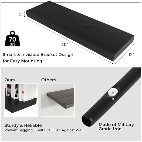 40 Inch Floating Shelves for Wall, 12"D Wood Storage Shelves, Black Finish