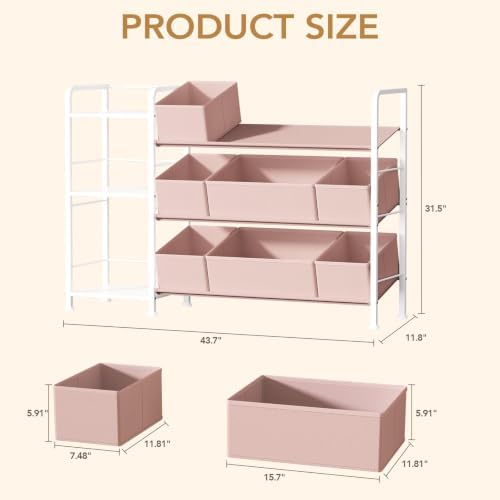 BBLIKE Kids Bookshelf and Toy Storage Organizer with 9 Removable Toy Bins | 43.7"x11.8"x 31.5", Metal Frame, Adjustable Feet, Stuffed Animal Storage Rack for Playroom, Bedroom, Nursery, Pink
