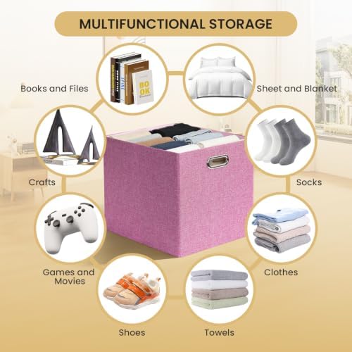 Posprica 3X Thicker Collapsible Storage Bins,13×15x13 Foldable Storage Cube Boxes Fabric Drawer for Closet Shelf Cabinet Bookcase, set of 4 (Pink)