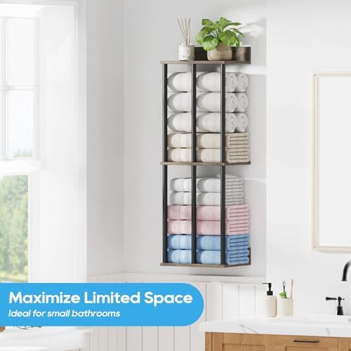 Towel Racks for Bathroom Wall Mounted with Wooden Storage Shelf | Updated 3 Bar Metal Towel Holder for Rolled Towels, Sturdy and Large Capacity, Towel Storage Organizer