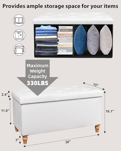 GLAXYFUR 30 Inches Ottoman with Storage, Folding Bench with Legs, White