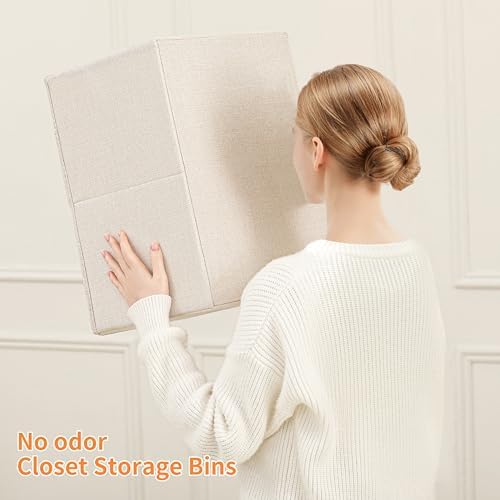 Linen Folding Storage Bins, 3 Pack Large Storage Baskets, Washable, Clothing Storage Bins with Handle, Closet Organizer for Storage Sweater,Sheets (Beige, 16" x9½x6¾)