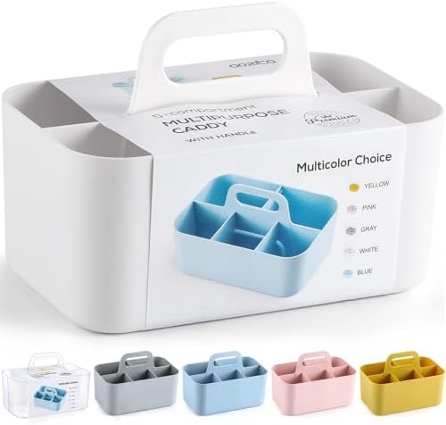 Multiuse Caddy Organizer with Handle, Portable Divided Plastic Tote Bin - Art Craft, Stationary Pen Marker Crayons, Makeup Hair Supplies Storage - Bathroom, Classroom, Dorm, Office, Desk Holder -White