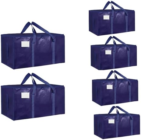 6 Pack-Extra Large Heavy Duty Moving Bags - Waterproof Storage Totes with Handles & Zippers, Foldable for College Dorm, Storage (Dark Blue)