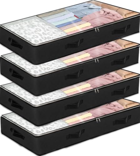 4 Pack Under bed Storage Containers, 90L Large Capacity Bedroom Closet Organizers and Storage Bins Foldable Underbed Storage Bags for Clothes, Blanket, Towels, Comforter, Sweaters, Linen Sheet - Black
