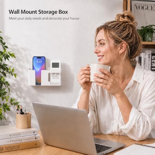 Strong Adhesive Wall Mount Phone Holder D3 Punch-Free Bedside Phone Shelf with Charging Port, Sticky Remote Control Storage Box, Bathroom & Kitchen Wall Organizer (White)
