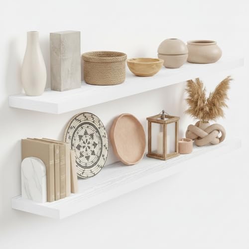 Vivelove Floating Shelves 9 inch Deep 40”Long Set of 2, White | Easy Install With Hardware, 1.5" Thick, Invisible Brackets, Wall Mounted, No Sagging, For Any Room