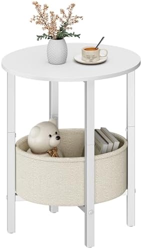 Vagusicc Round Side Table End Table with Storage Basket, Small Side Table Round Nightstand for Small Spaces, Tall Oval End Table with Steel Frame, Coffee Bedside Table for Living Room Bedroom, White
