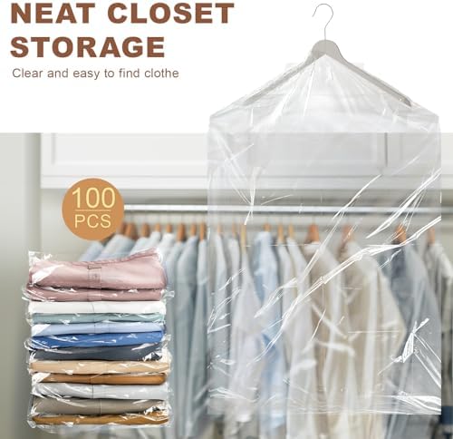 100 Pack Clear Garment Bags for Clothes, Gretchin,(Set of 100, 60x90cm), Plastic Garment Bags Dry Cleaner Bags Plastic Clear Dry Cleaning Bags for Hanging Clothes Storage