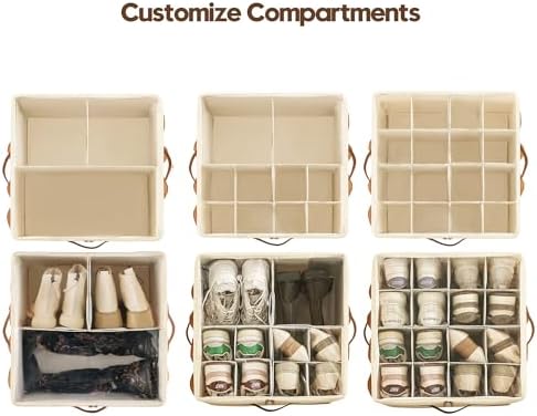 Varhomax Shoe Organizer Box 2 Pack for Closet, Fabric Shoe Storage Bin with Adjustable Dividers & Clear Cover, Holds up 16-32 Pairs of Sneakers & Sandals for Entryway, Cubby