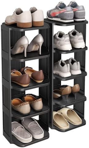 Kitstorack 10 Tiers Stackable Shoe Rack for Closet and Front Door Entrance - Free Standing Plastic Stand, Narrow Tall Vertical Organizer for Small Spaces Storage