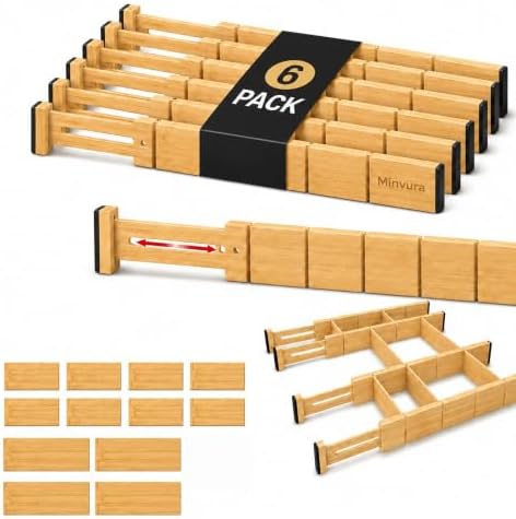 6 Pack Bamboo Drawer Dividers with 12 Inserts, Adjustable 17–22 Inch Expandable Drawer Organizer for Kitchen, Dresser & Closet, Bamboo Kitchen Drawer Organizer, Drawer Divider Set
