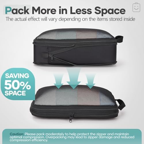 Veken 10 Set Compression Packing Cubes for Travel Essentials,Compressible Expandable Large Luggage Organizer Bags for Clothing,Space Saver Bags with Over 1000 pcs of Mesh Holes(Black,Makeup Bag)