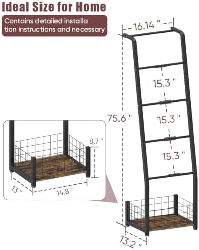 6.3ft Blanket Ladder with Storage Basket, 5 Tier Decorative Ladder Shelf Stand for Living Room & Bedroom, Wall-Leaning Blanket Holder Quilt Rack for Home Décor, Rustic Brown & Black