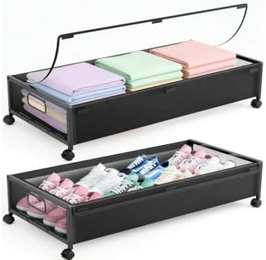 2 Pack Under Bed Storage with Wheels, 70LBS Heavy Duty Underbed Storage Bins with Clear Lid & Lockable Wheels, Large Metal Frame Rolling Organizer for Blankets, Clothes, Shoes, Bedroom, Dorm