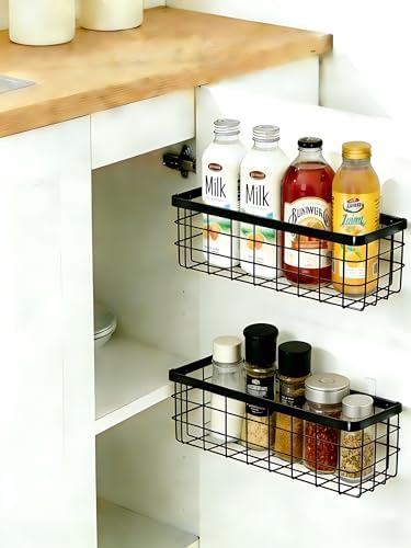 2PCS Adhesive Metal Wire Wall Storage Organizer Hanging Baskets Black M+L