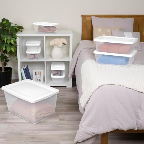 Sterilite Storage Box Stackable Tote, White, 12 Quart, 30 Pack | Clear Plastic Container with Secure Snapping Lids for Home and Office Organization