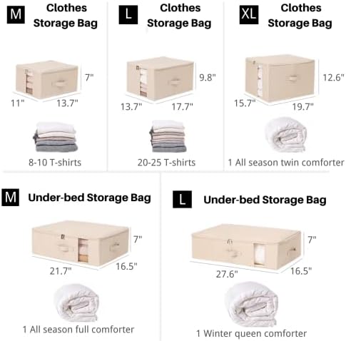 Under Bed Storage Containers Bags for Clothes, Blanket, Comforters Organizer with Clear window - 600D Cationic Fabric (M(21.7x16.5x7in) for under bed storage, Beige)