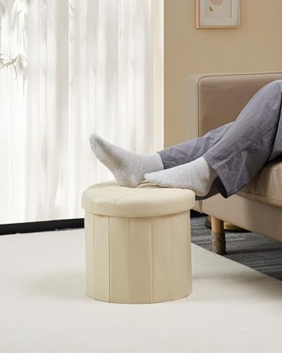 Bsketa Round Storage Ottoman, 14" Folding Leather Foot Rest Stool, Beige | Round Leather Poufs with Thicker Foam Padded Seat, Living Room, Bedroom, Dorm, Entryway, Easy to install,14 x 14 x 13in