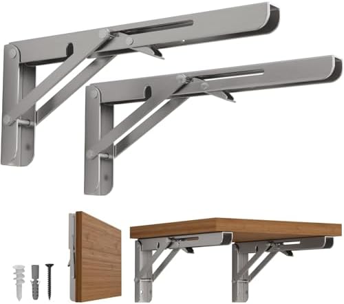 LEOPO 12 Inch Folding Shelf Brackets, 2 Pack Foldable Shelf Supports | Heavy Duty Triangle Wall Mounted Collapsible Brackets for Fold Down Table, Space Saving for Bench Table, Stainless Steel