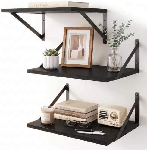 Black Floating Shelves 16 Inch Long, Set of 3, 12 Inch Deep Wall Shelves