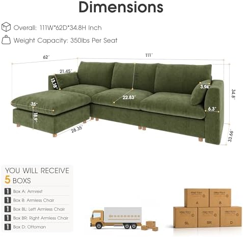 WorthFurni Oversized Modular Sectional Sofa,111" L Shape Sectional Cloud Couch with Storage Ottoman,Comfty 4 Seat Modular Sofa for Living Room,Green Chenille