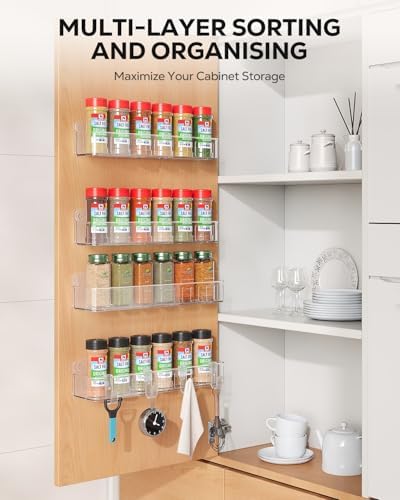 Nieifi Spice Rack Wall Mount, 4 Pack Clear, 2" Depth, Screw/Adhesive | Wall-Mounted with Removable Hooks Saves Counter Space, Fits 2" Deep Jars, Ideal for Kitchen Cabinets, Pantry Doors, and RVs