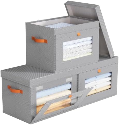 Yecaye 3 Pack Closet Storage Bins with Lid, Clothing Storage Bins, Grey