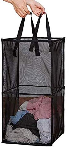 Pop Up Laundry Baskets - Mesh Collapsible Laundry Hampers Storage with Handle - Foldable for Washing Storage, Great for The Kids Room, College Dorm, Travel Organizer (Black/Double Layer)