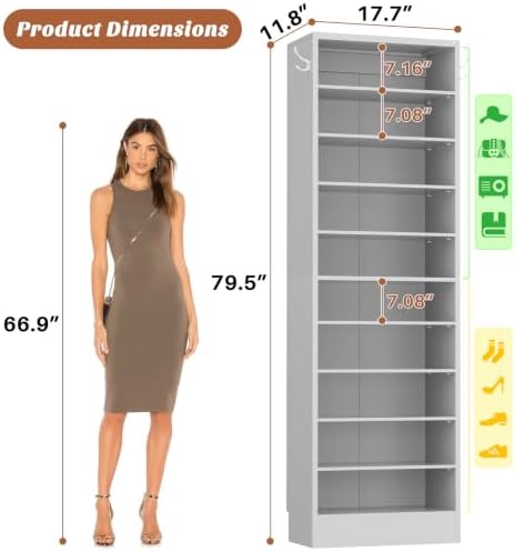 Aheaplus 10 Tiers Narrow Wood Shoe Rack, Tall Shoe Storage Cabinet, Grey