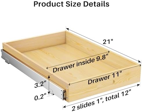 Pull Out Cabinet Organizer, Soft Close Wooden Slide Out Drawers for Pots and Pans, Full-extension Roll Out Shelves for Kitchen Cabinets, Pantry Organization, Bottom & Side Mount(12"W X 21"D x 3.4''H)