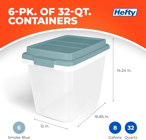 Hefty 6 Pack Lift Off Storage Bin with Lid, 32 Quart, Smoke Blue