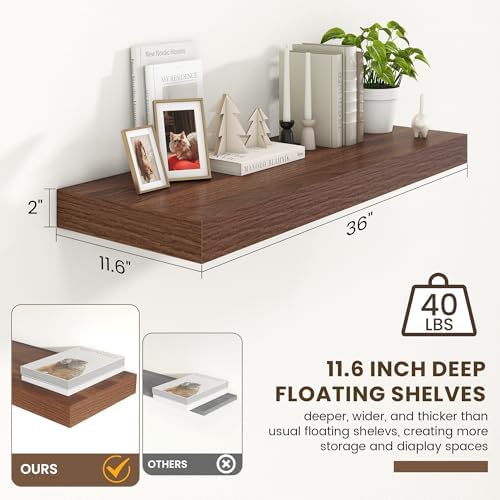 FLYJOE Deep Floating Shelves, 36'' x 12'' Walnut Shelves for Wall Set of 1