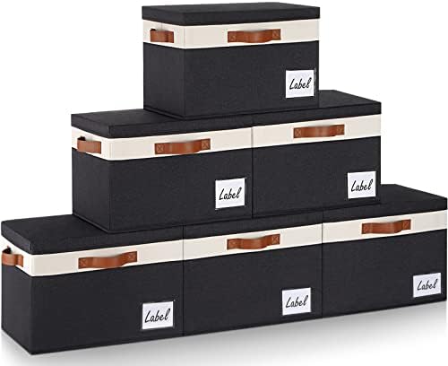 GhvyenntteS Fabric Storage Bins with Lids 6 Pack, Foldable Fabric Storage Baskets with Lid and Handles, Large Closet Organizers and Storage boxes with Label for Home Office (Black, 15" x 11" x 9.7")