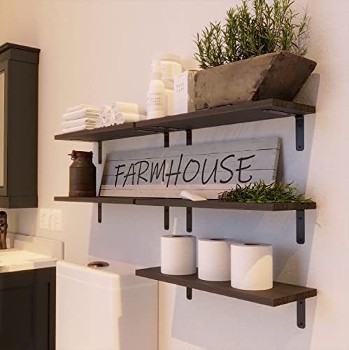 RICHER HOUSE Rustic Wood Floating Shelves Set of 5, Wall Mounted Shelf 16in | Farmhouse Hanging Shelf for Wall Décor, Heavy Duty Book Shelf for Living Room, Bathroom Bedroom Kitchen Storage, Deep Brown