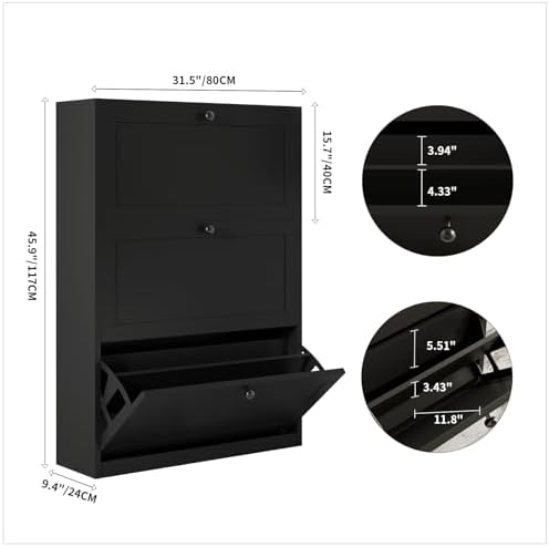 VOWNER Shoe Storage Cabinet with 3 Flip Drawers, Freestanding Shoe Cabinet with Adjustable Shelf & Anti-Tipping Device, Slim Shoe Rack for Entryway, Hallway, Living Room, White (Black)
