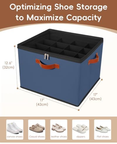 3 Pack Foldable Shoe Storage Bin Clear Lid Organizer for Entryway,Navy Blue
