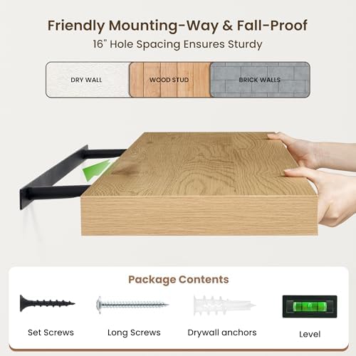 FLYJOE 40 Inch Floating Shelves, 12'' Deep Oak Shelves for Wall Set of 2