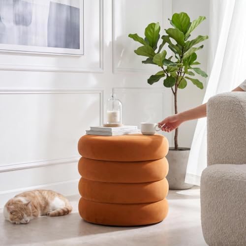 Round Velvet Storage Ottoman, Orange